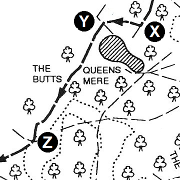 Detail of the course map showing the Butts beside Queen’s Mere between points Y and Z