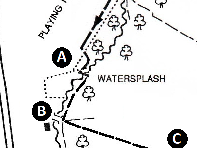 Detail of the course map showing the water splash on Beverley Brook between points A and B