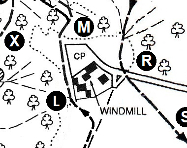 Detail of the course map showing the Windmill, its car park and points L, M and R