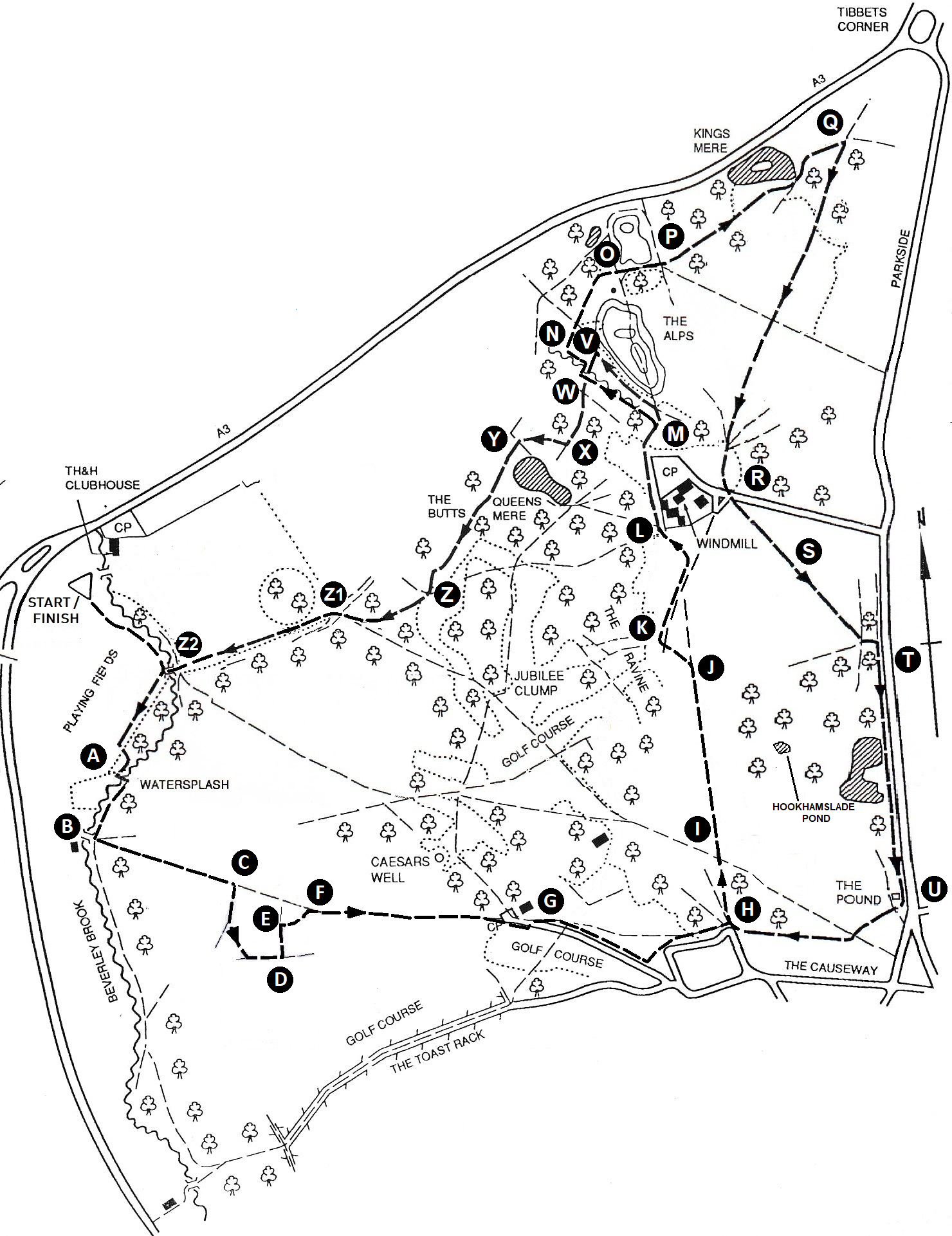 Thames Hare and Hounds course plan of Wimbledon Common, with the route marked by lettered points from A to Z2