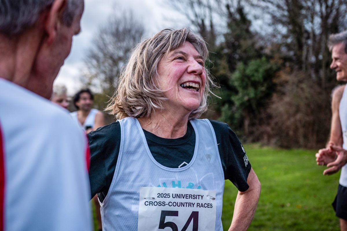 An Old Blues’ race runner laughing after the finish, 2025