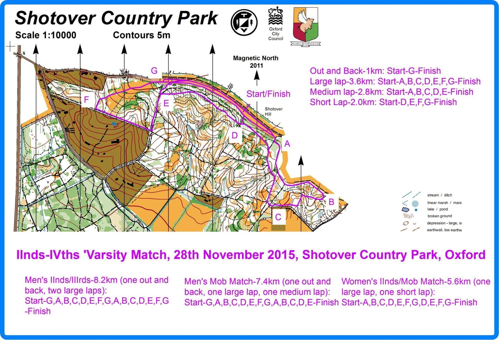 Orienteering map of Shotover Country Park with the 2015 II–IVs laps marked in purple, the start and finish by Shotover Hill