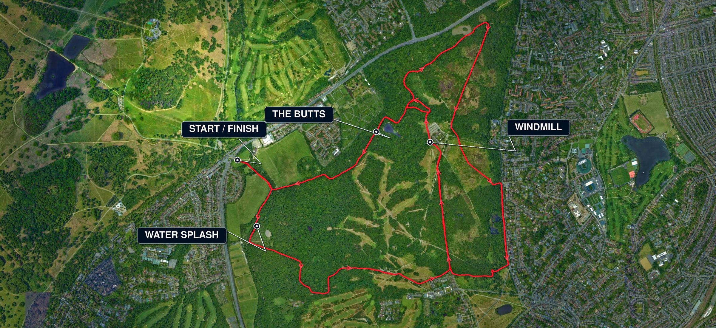 Aerial map of Wimbledon Common with the course in red and the start and finish, water splash, the Butts and the Windmill marked